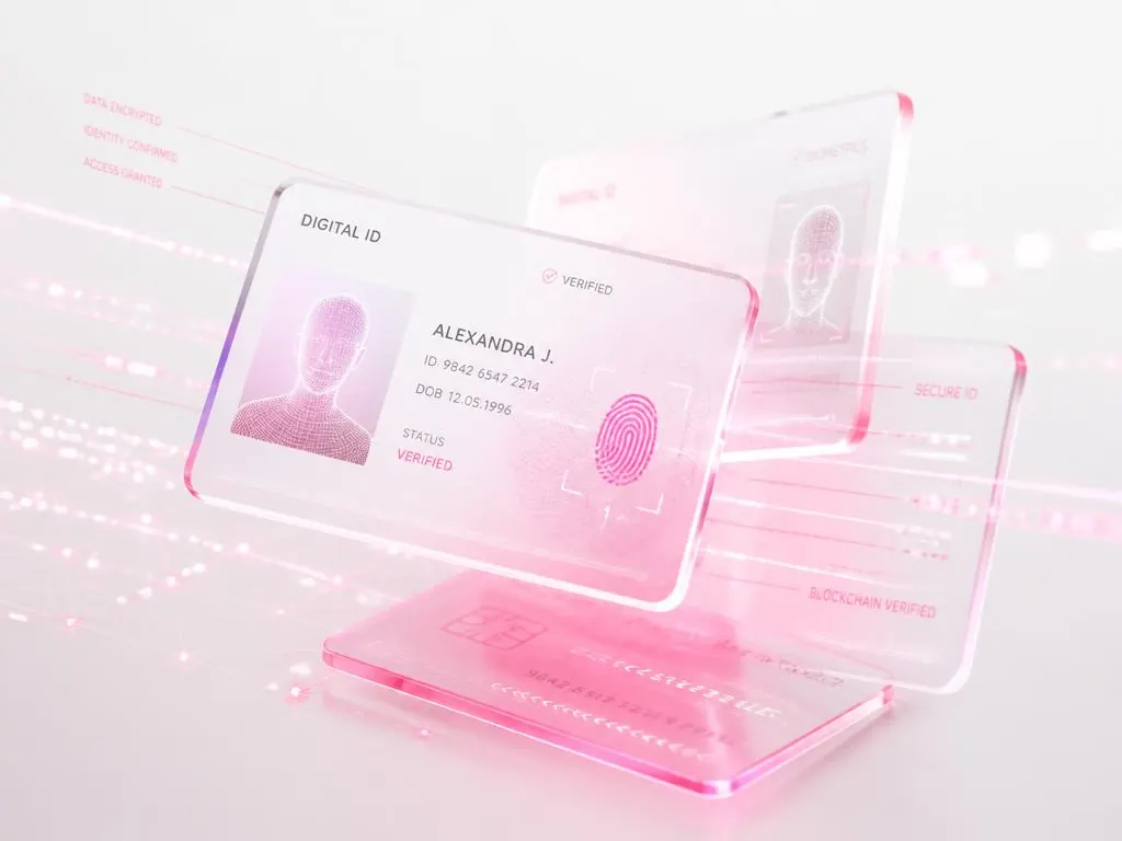 Translucent digital identity cards showing verified status