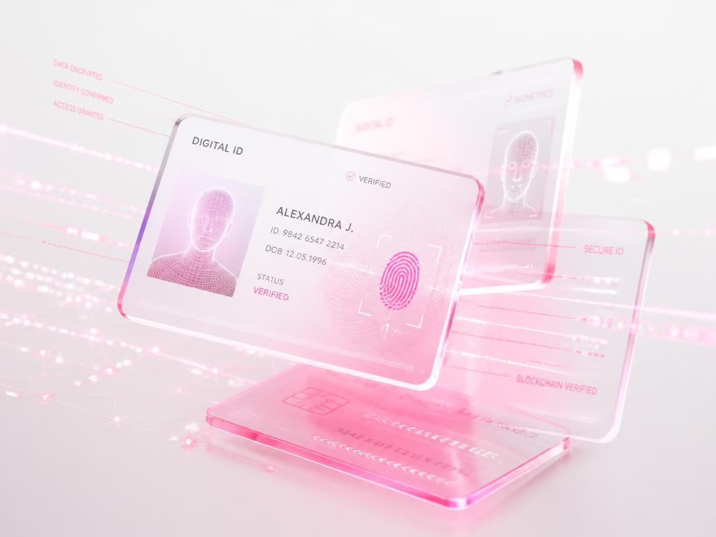 Translucent digital identity cards showing verified status